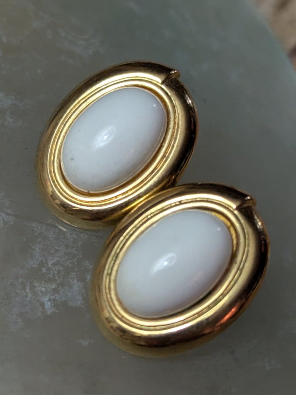 Monet White Cabochon Clip On Earrings Gold Tone Oval Earrings Vintage